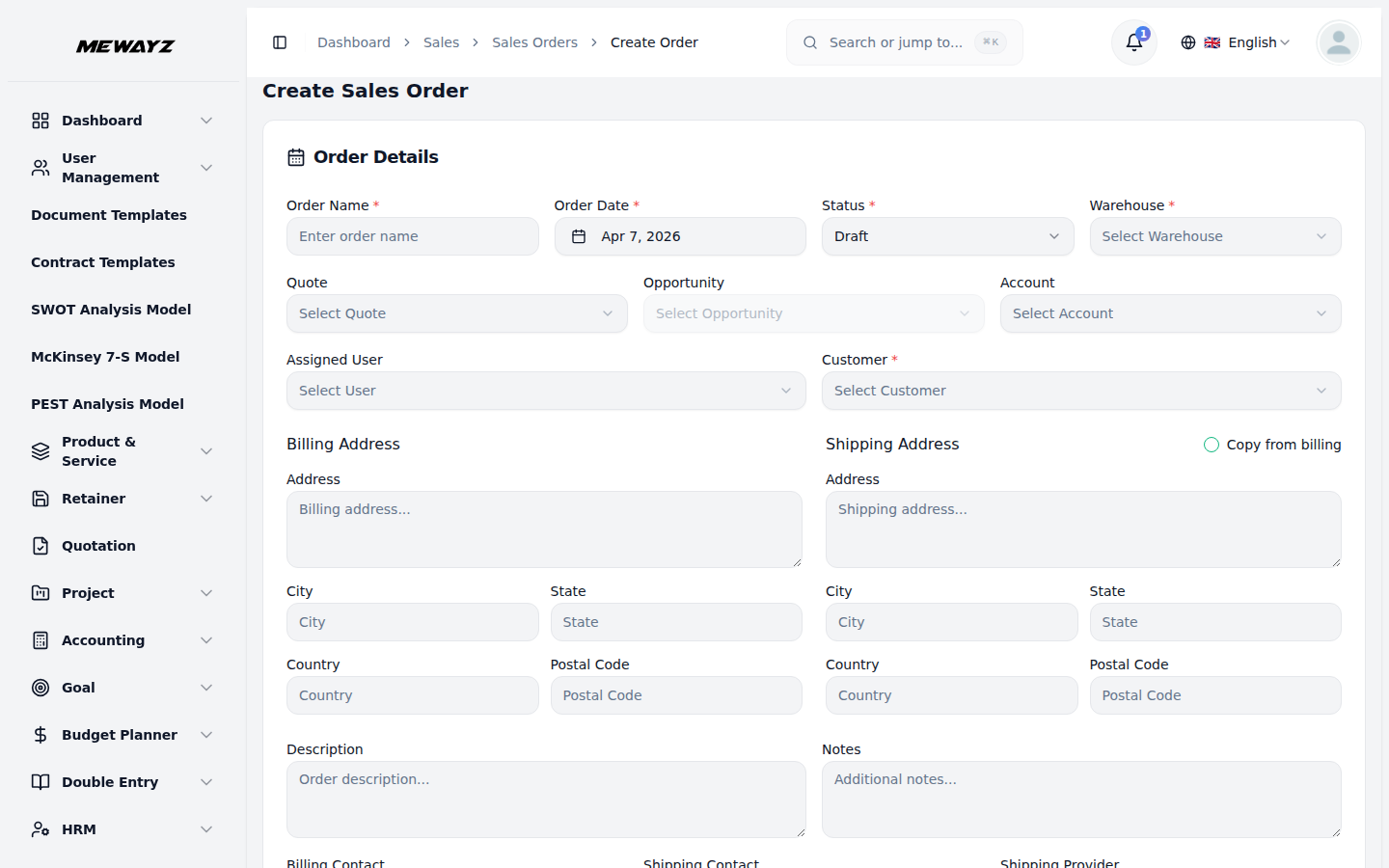 Create order form